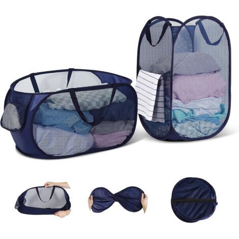 Lot de 2 paniers linge pliables. Grande capacité, poignées. Parfait pour salle de bain, camping, rangement.Couleur: Bleu Marine