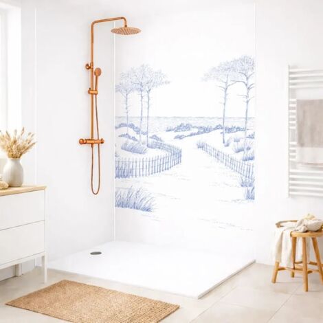 Lot de 2 panneaux de douche en PVC (90x220 & 120x220 cm) + profilés blanc - Les Landes - Bleu et blanc