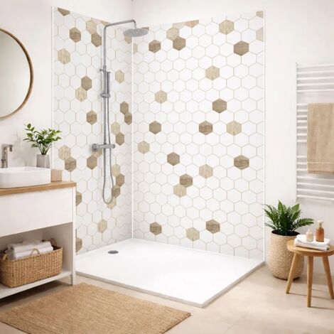 Lot de 2 panneaux de douche en PVC (90x220 & 120x220 cm) + profilés blanc - Mix Hexa Bois - Effet bois et pierre