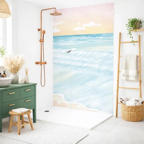 Lot de 2 panneaux de douche en PVC (90x220 & 120x220 cm) + profilés blanc - Vagues Sunset - Bleu et blanc