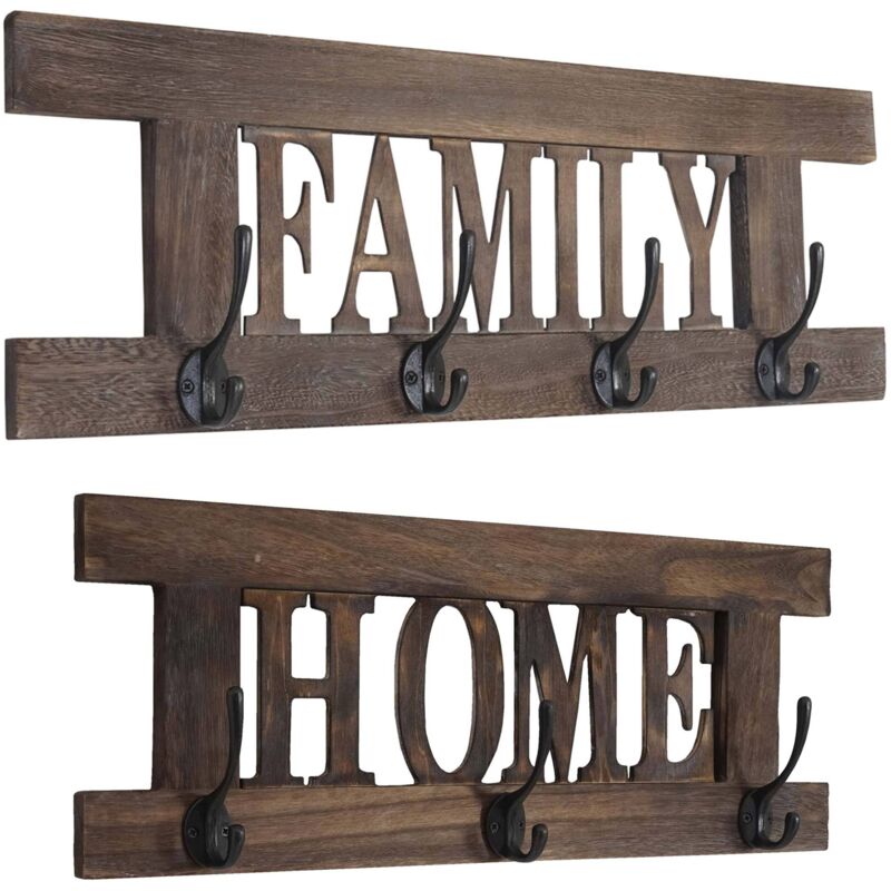 Lot de 2 panneaux porte-manteaux muraux style vintage avec crochets doubles home & family en bois paulownia marron 040011395 Lot de 2 panneaux porte-manteaux muraux style vintage avec crochets doubles home & family en bois paulownia marron 040011395