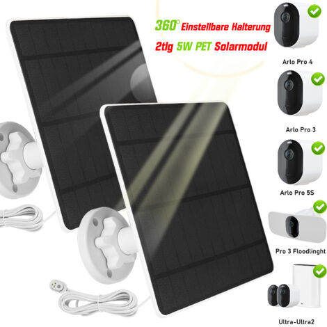 Lot de 2 Panneaux Solaires 5W/5V pour Arlo Pro 3/4/5S, Ultra/Ultra2 et Pro 3 Floodlight, Charge Magnétique, IP65 Étanche, Support 360° Réglable, Câble 3m Inclus