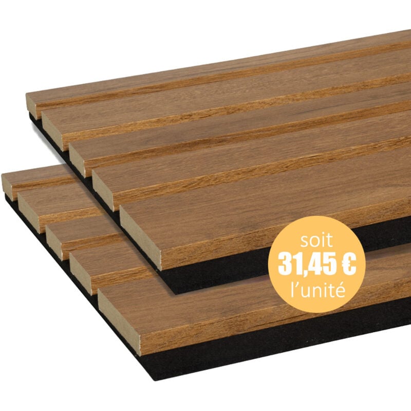 Lot de 2 Panneaux tasseaux bois mdf acoustic design blend chêne bronze sur fond noir 2600 x 300 x 17 mm - 1,56 M2 pefc 70%