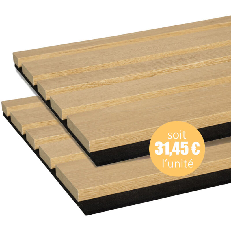 Lot de 2 Panneaux tasseaux bois mdf acoustic design blend décor chêne naturel sur fond feutrinr noir 2600 x 300 x 17 mm - 1,56 M2 pefc 70%