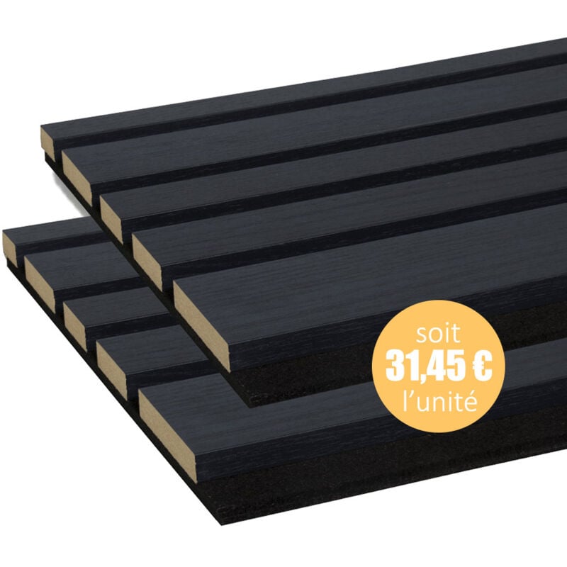 Lot de 2 Panneaux tasseaux bois mdf acoustic design blend décor chêne lave sur fond noir 2600 x 300 x 17 mm - 1,56 M2 pefc 70%