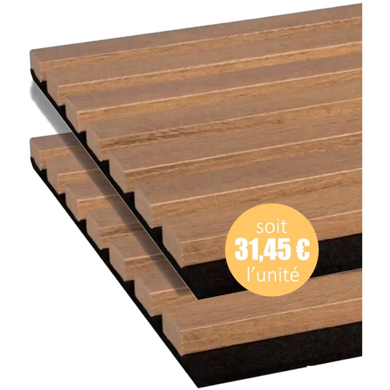 Lot de 2 Panneaux tasseaux bois mdf acoustic décor chêne rustique sur feutrine 2600x300x17mm pefc 70%