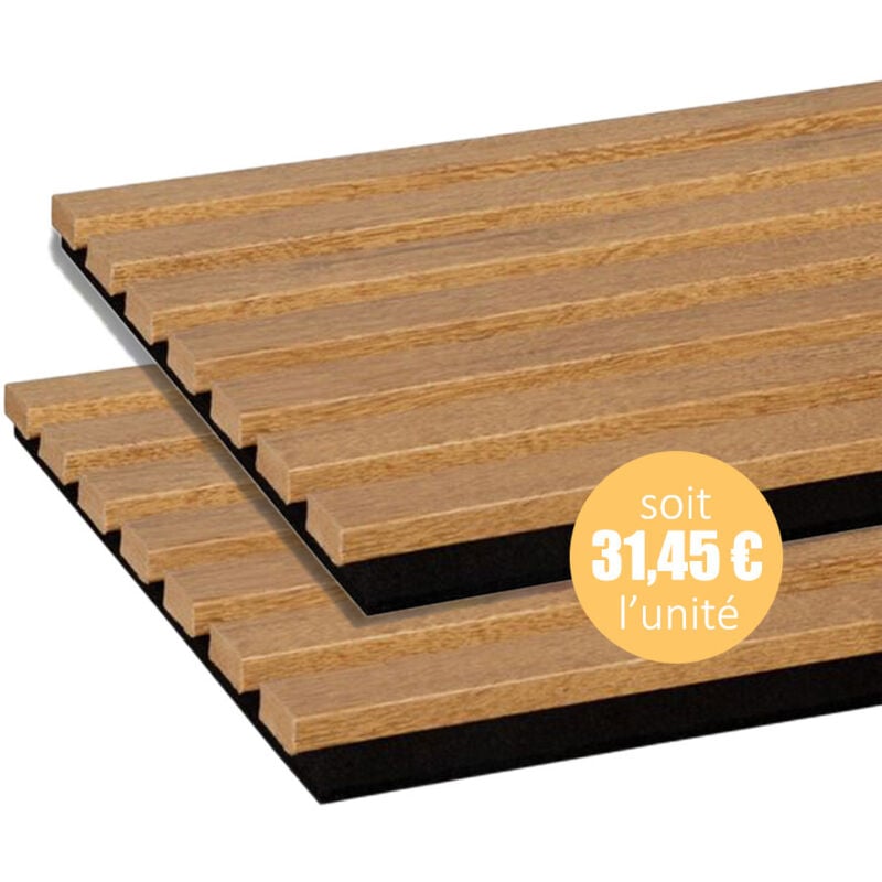 Lot de 2 Panneaux tasseaux bois mdf acoustic décor chêne bronze sur feutrine noire 2600x300x17mm pefc 70%