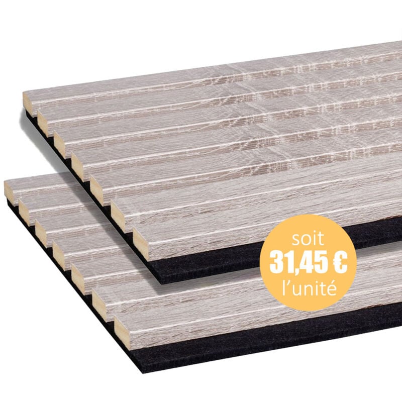 Lot de 2 Panneaux tasseaux bois mdf acoustic décor chêne gris sur fond feutrine noir 2600 x 300 x 17 mm -1,56 M2 pefc 70%