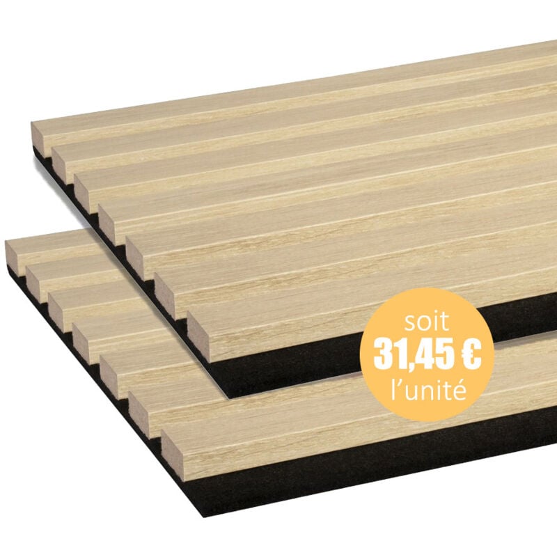 Lot de 2 Panneaux tasseaux bois mdf acoustic décor chêne clair sur fond feutrine noir 2600 x 300 x 17 mm -1,56 M2 pefc 70%