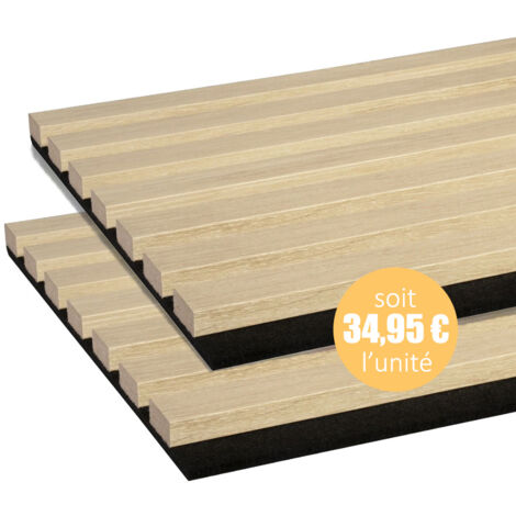 Lot de 2 Panneaux tasseaux acoustic lamelles MDF chêne clair sur fond noir 2600 x 300 x 17 mm -1,56 M2 PEFC 70%