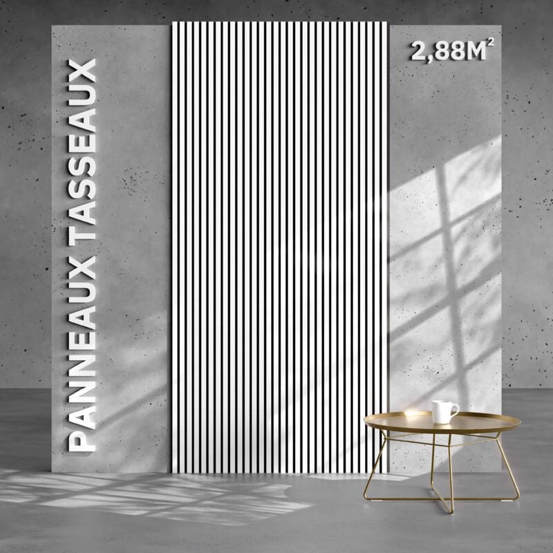 Mon Marché Déco - Lot de 2 Panneaux Tasseaux Bois - Blanc Feutre Noir - 2,88 m², 2400 x 600 mm