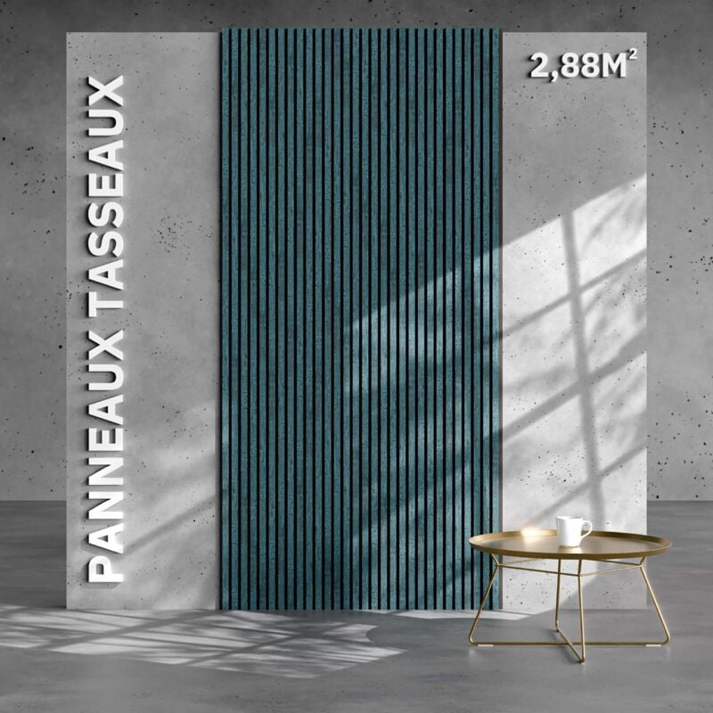 Mon Marché Déco - Lot de 2 Panneaux Tasseaux Bois - Bleu Oxyde Feutre Noir - 2,88 m², 2400 x 600 mm