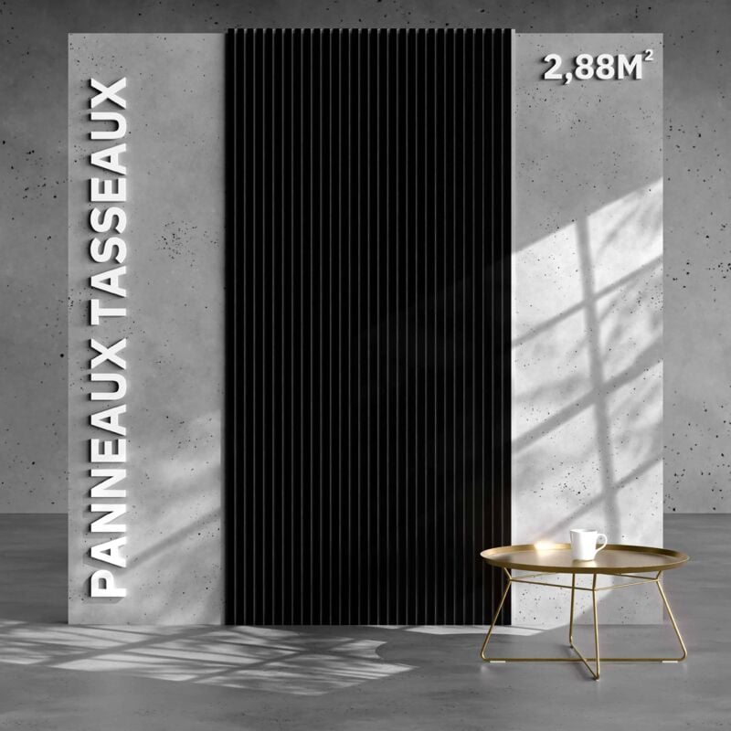 Mon Marché Déco - Lot de 2 Panneaux Tasseaux Bois - Noir Feutre Blanc - 2,88 m², 2400 x 600 mm