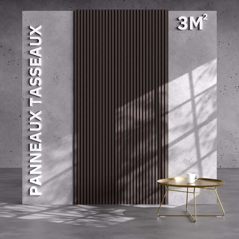 Mon Marché Déco - Lot de 2 Panneaux Tasseaux Bois - Noyer Feutre Noir - 3 m², 2500 x 600 mm