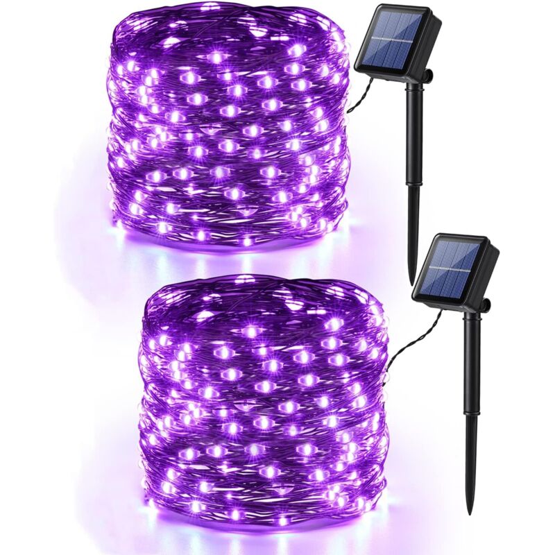 Lot de 2 Paquets Halloween Guirlande Lumineuse Solaire, 12M 100 LED Guirlande Fil de Cuivre Solaire Extérieur Violet Étanche 8 Modes Lumière Solaire