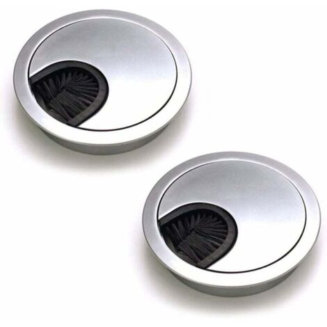 Lot de 2 Passe Câbles Ronds Encastrables, Passe Cable Fil Métal Acier Brossé Design, Rangements de Câbles pour Table de Bureau Diamètre 60 mm - Argent Perle Chrome