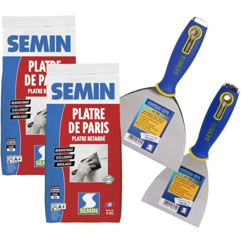 Lot de 2 pâtre de Paris Semin pour moulages, scellements et rebouchage - intérieur - sac de 5 kg, un couteau à enduire multifonctions CE 78 - 10 cm et un couteau à enduire - 15 cm