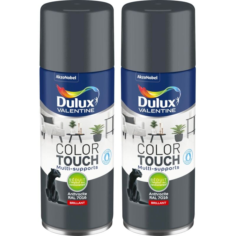 Dulux Valentine - Lot de 2 - Peinture aérosol Color Touch Multi-Supports - Brillant Anthracite 400 ml