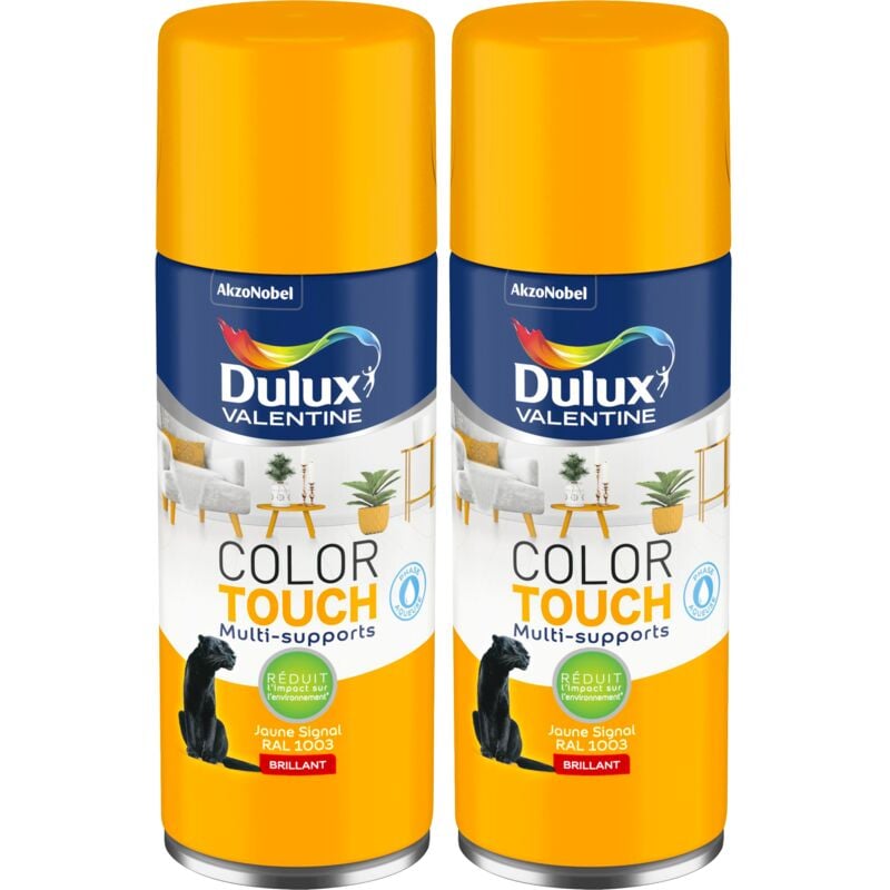Dulux Valentine - Lot de 2 - Peinture aérosol Color Touch Multi-Supports - Brillant Jaune Signal 400 ml