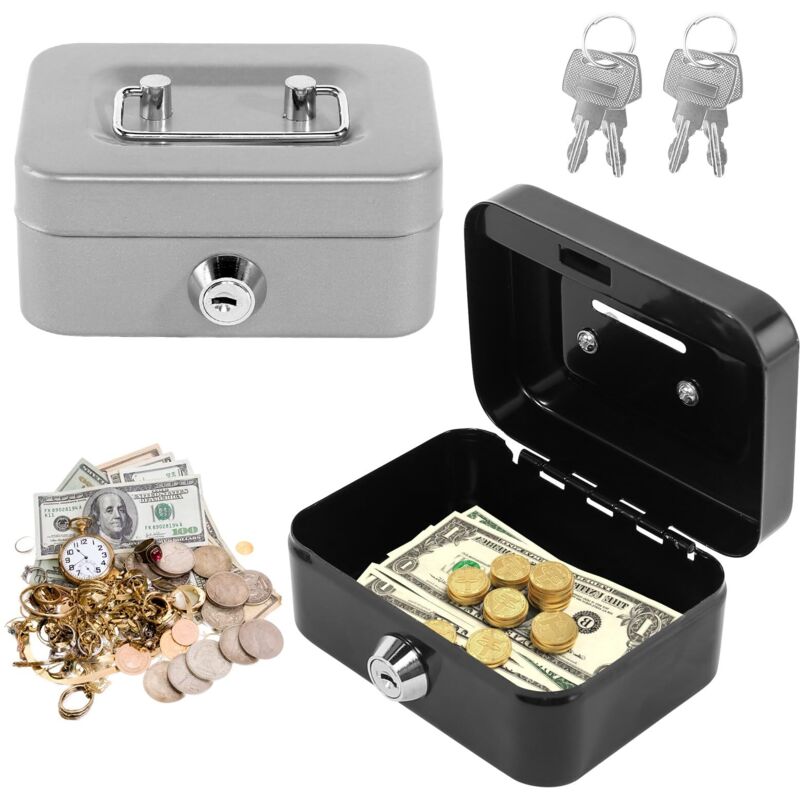 Lot de 2 petites caisses à monnaie verrouillables avec clé - Avec fente - Portable - Pour pièces de monnaie, billets - Noir et argenté