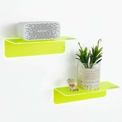 Lot de 2 petites étagères murales adhésives pour agrandir facilement l'espace mural - Étagères murales en acrylique sans perçage pour chambres, salles de bains, cuisines (vert fluo)