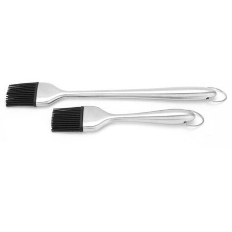 Lot de 2 pinceaux à huile en silicone avec manche en acier inoxydable argenté, accessoires de cuisine et de pâtisserie
