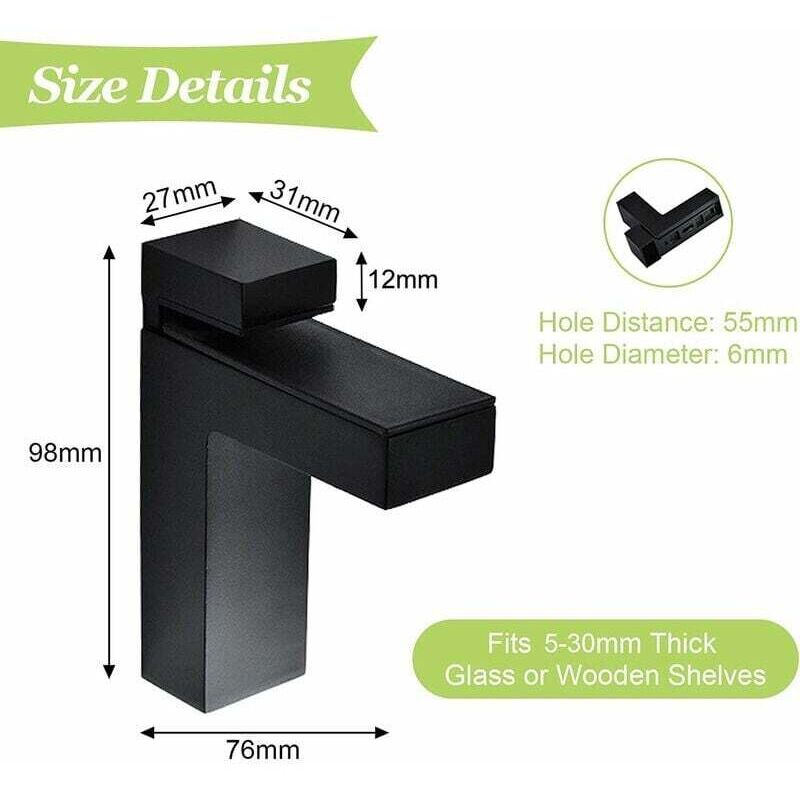 Lot de 2 pinces à verre noires réglables pour étagère en bois/verre - Supports muraux en métal massif flottant, compatibles avec étagères de 5 à 30