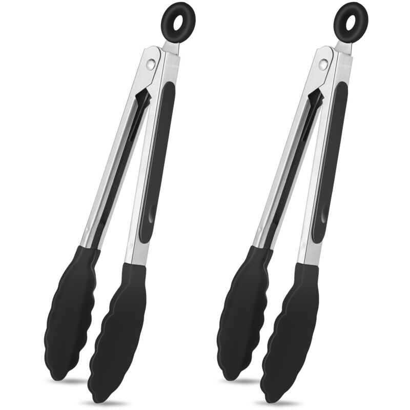 Lot de 2 Pinces de Cuisine en Silicone et Acier Inoxydable - 20 cm - Pointes Sans BPA, Poignée Antidérapante - Résistantes à la Chaleur - Noir