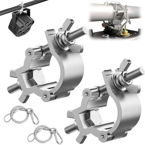 Lot de 2 pinces pour traverse de 25 à 30 mm + 2 câbles de sécurité 4 mm x 80 cm Crochets en alliage d'aluminium Câble de sécurité en acier inoxydable avec fermoir mousqueton Accessoires pour lumières
