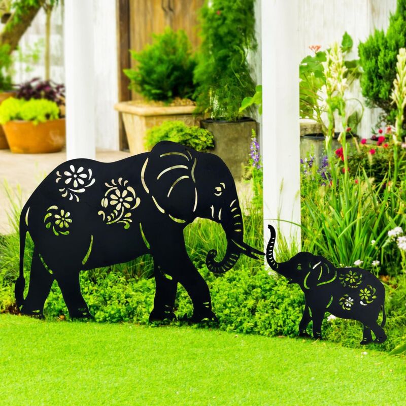 Lot de 2 piquets de Éléphant Jardin décoratifs en métal pour Cour, Jardin, pelouse, décorations extérieures pour Les Amoureux des Éléphant.
