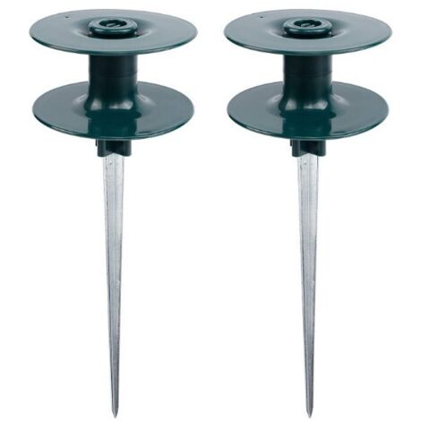 Lot de 2 piquets de guidage pour tuyau d'arrosage 25 cm, métal zingué robuste et antirouille, tête rotative vert foncé résistante. Empêche le tuyau de pénétrer dans les parterres de fleurs et protège 