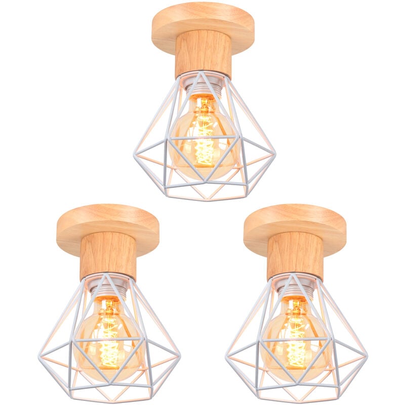 Rétro Plafonnier Vintage Industrielle Cage Forme Diamant Lustre Suspension pour Salon Entrée Cuisine Blanc- 3 Pack
