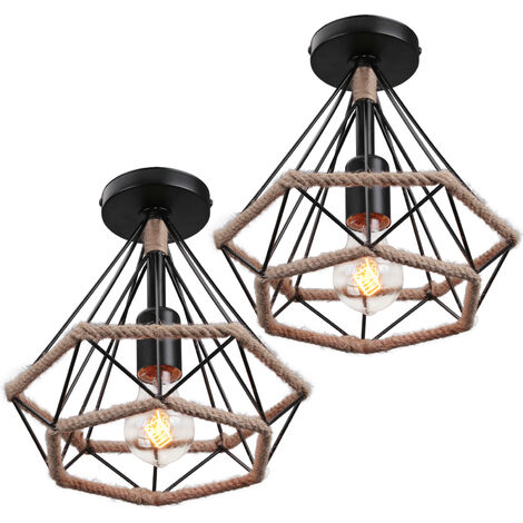 Lot de 2 Plafonnier Cage Diamant E27 Lustre Suspension en Corde de Chanvre Noir