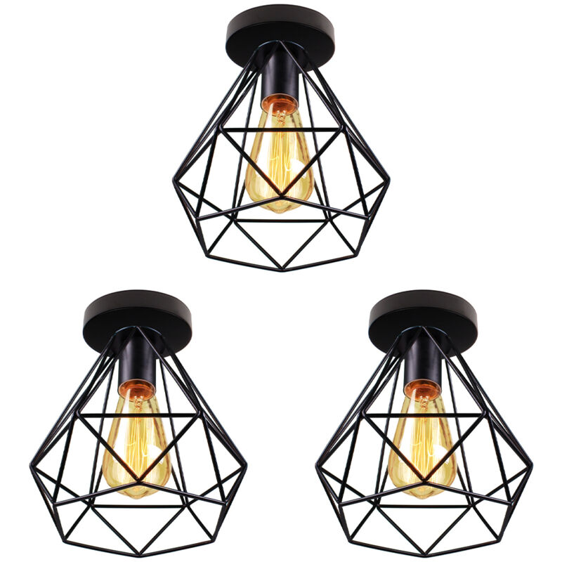 Plafonnier Vintage E27 Abat-jour de Plafond à Cage en Métal Suspension Luminaire Industrielle Noir Ø20CM - 3Pcs