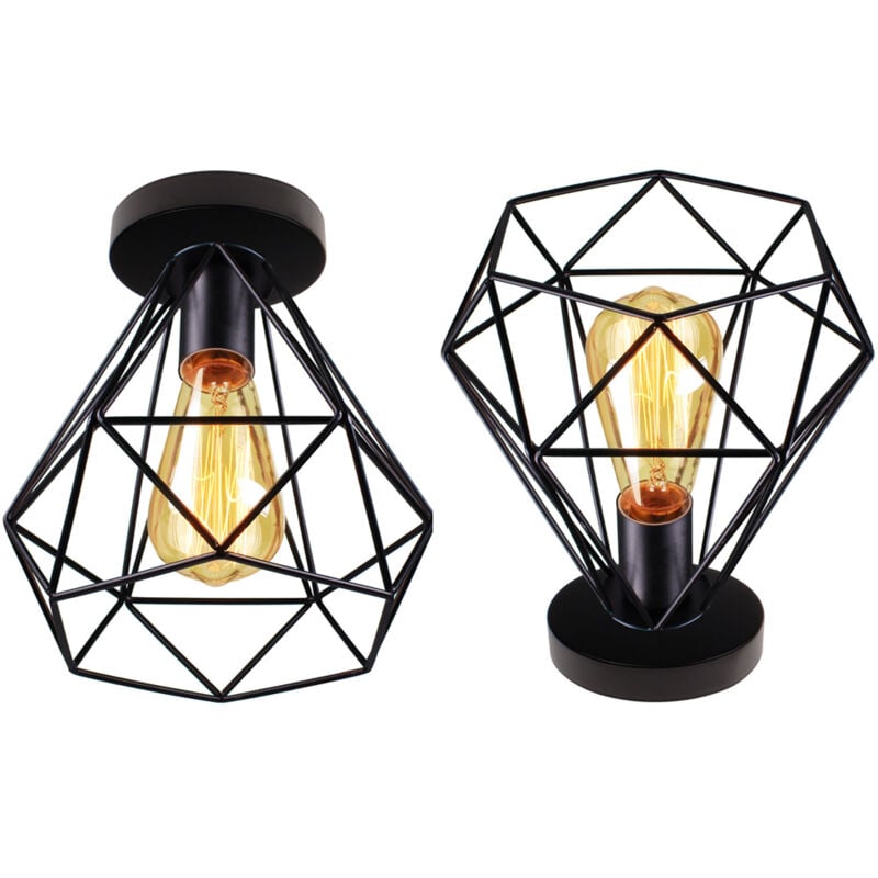 Wottes - Plafonnier Vintage E27 Abat-jour de Plafond à Cage en Métal Suspension Luminaire Industrielle Noir Ø20CM - 2Pcs