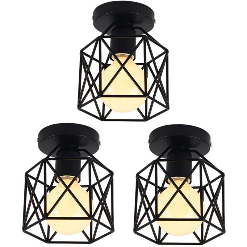 Wottes - Plafonnier Industrielle Vintage Lampe de Plafond Cage en Métal Suspension Luminaire E27 Noir Ø15CM pour Salon Chambre Café Bar - 3Pcs