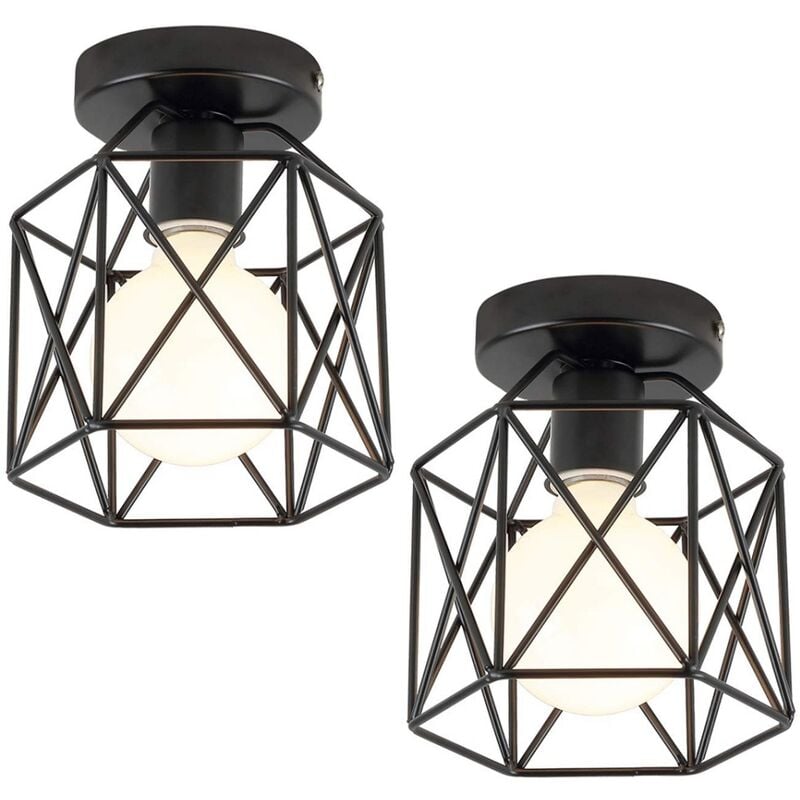 Wottes - Plafonnier Industrielle Vintage Lampe de Plafond Cage en Métal Suspension Luminaire E27 Noir Ø15CM pour Salon Chambre Café Bar - 2Pcs