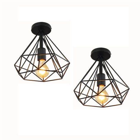 AXHUP Lot de 2 Plafonnier industriel Métal forme diamant 25cm lustre abat-jour E27 luminaire pour Salon Cuisine Chambre Entrée Noir