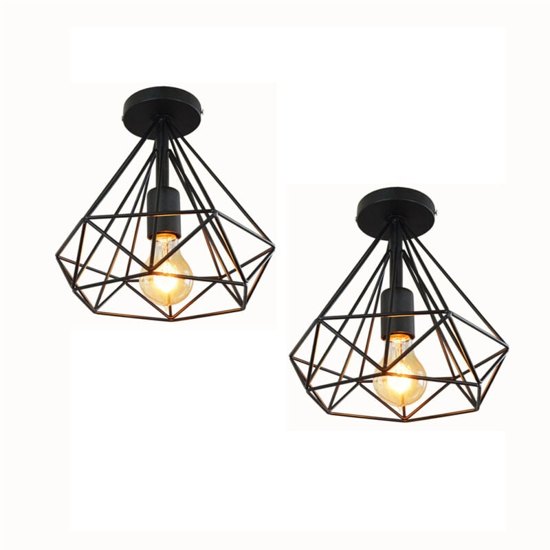 Lot de 2 Plafonnier industriel Métal forme diamant 25cm lustre abat-jour E27 luminaire pour Salon Cuisine Chambre Entrée Noir