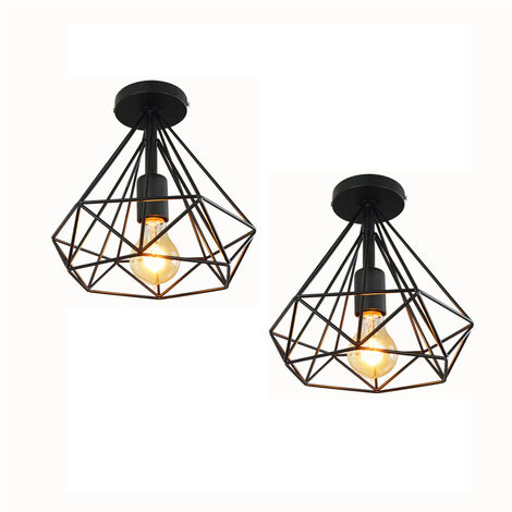 Lot de 2 Plafonnier industriel M?tal forme diamant 25cm lustre abat-jour E27 luminaire pour Salon Cuisine Chambre Entr?e Noir