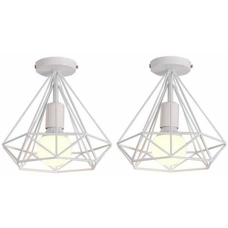 Lot de 2 Plafonnier industriel retro cage forme diamant luminaire abat-jour 25cm corde ajustable E27 Blanc