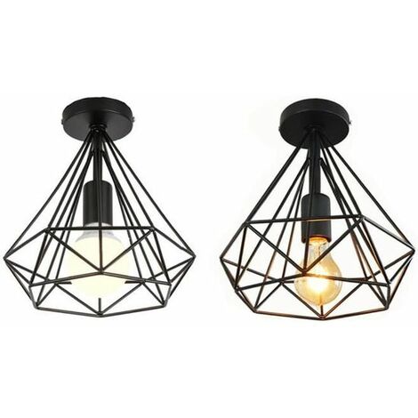 Lot de 2 Plafonnier industriel retro cage forme diamant luminaire abat-jour 25cm E27 Noir
