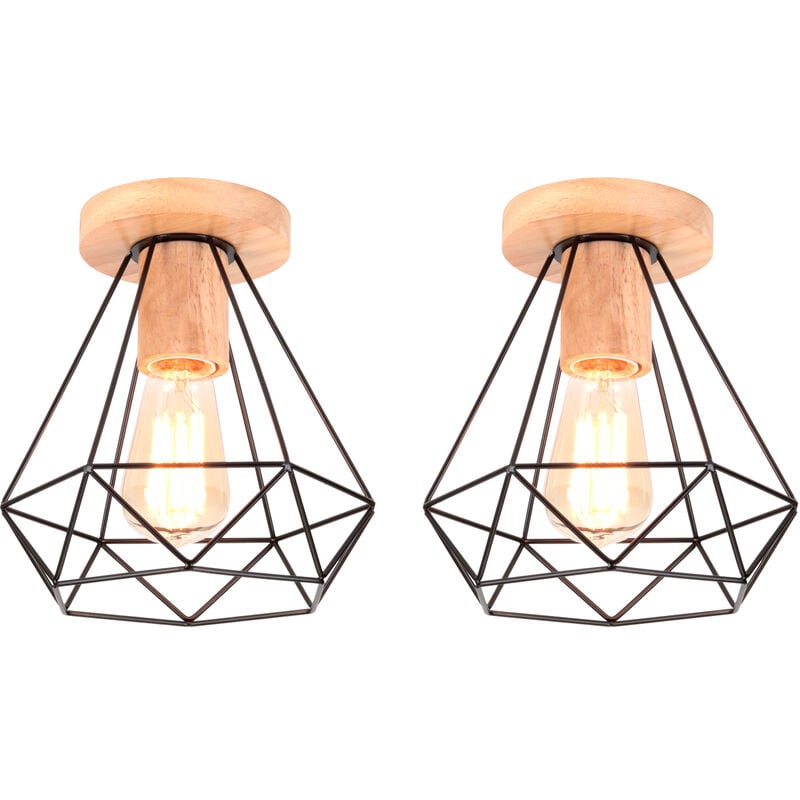 Rétro Diamant Plafonnier Industrielle Cage en Métal et Bois E27 40W Noir 2PCS