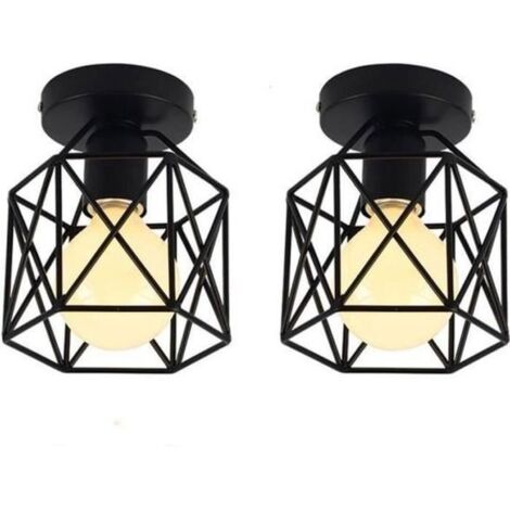 STOEX Lot de 2 Plafonnier Industrielle en Métal Cage Carré, Lustre Abat-jour Fer Luminaire E27 40W Noir pour Salon Chambre Bar