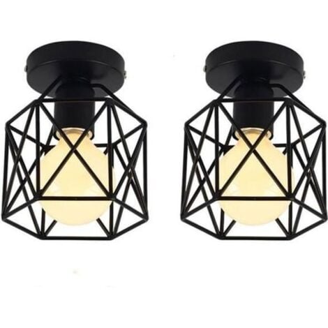 STOEX Lot de 2 Plafonnier Industrielle en Métal Cage Carré, Lustre Abat-jour Fer Luminaire E27 40W Noir pour Salon Chambre Bar