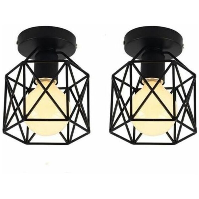 Lot de 2 Plafonnier Industrielle en Métal Cage Carré, Lustre Abat-jour Fer Luminaire E27 40W Noir pour Salon Chambre Bar