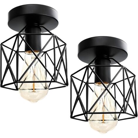 Lot de 2 Plafonnier Industrielle en M?tal Cage Carr?, Lustre Abat-jour Fer Luminaire E27 40W Noir pour Salon Chambre Bar
