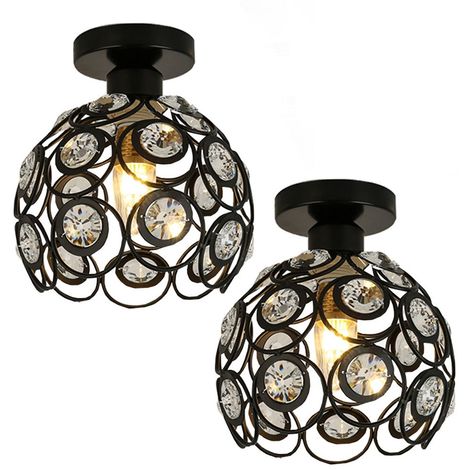 Lot de 2 Plafonnier Moderne en Cristal Ø20cm Industriel Métal, Luminaires Suspensions Lustres Abat-Jour éclairage pour Salon Chambre Restaurent Salle à Manger,Noir