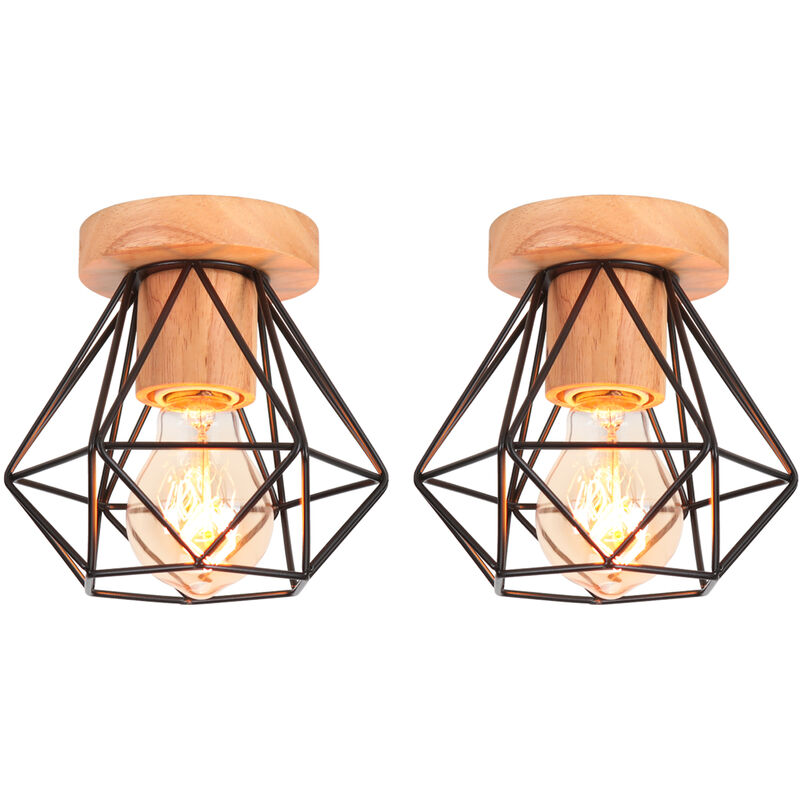 Lot de 2 Plafonnier Vintage Rétro E27 Lampe de Plafond Cage Diamant en Bois et Fer Noir