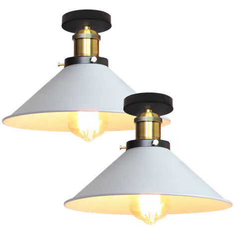 Lot de 2 plafonniers de style industriel, lustres rétro en métal, suspensions LED, plafonniers de haute qualité, φ22 cm (blanc et doré)